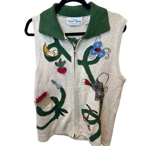 Sharon Young Sportswear Women's White Green Floral Full Zip Vest Size L
